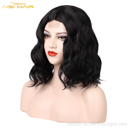 Aisi Top Quality Short Wavy Bob Wigs For Black Women Middle Part Synthetic Lace Black Wigs Wholesale Price